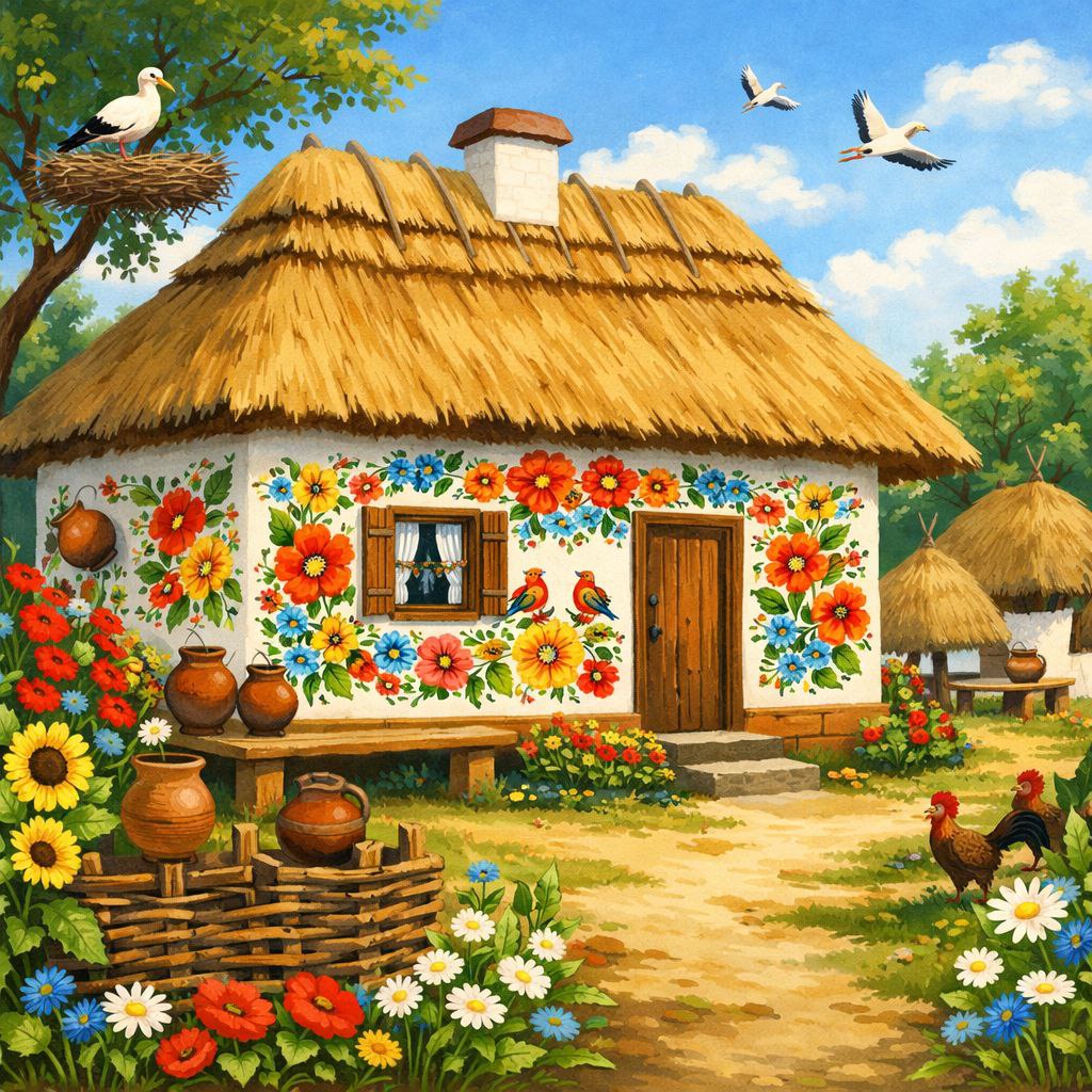 Colorful painted cottage with a thatched roof, flower garden, birds, and roosters