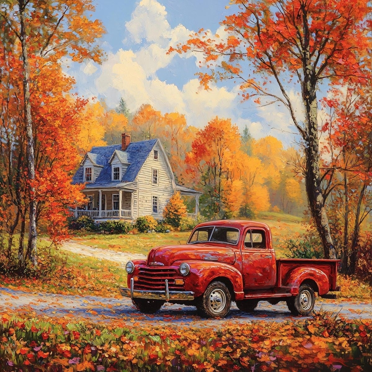 Old Red Truck Autumn Scene