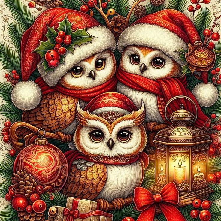 Three festive owls in Santa hats with Christmas ornaments, berries, presents, and a glowing lantern