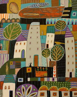 Whimsical folk art painting of a town with patterned buildings, stylized trees, and geometric decorative elements