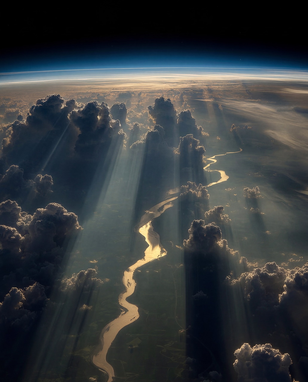 Aerial view of Earth's atmosphere with clouds and sunlight from space