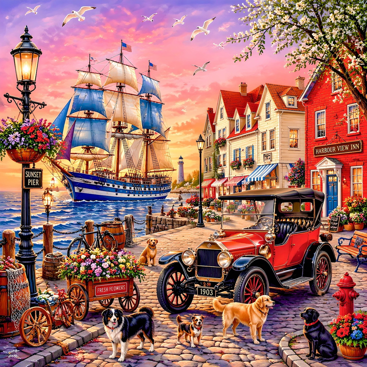 Colorful sunset harbor scene with a sailing ship, vintage car, dogs, flowers, and village shops
