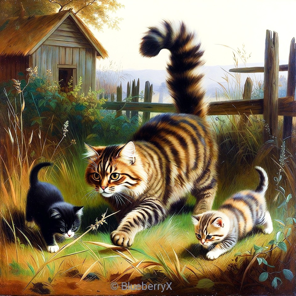 Three striped tabby cats playing near a wooden shed and fence in a sunlit rural countryside setting