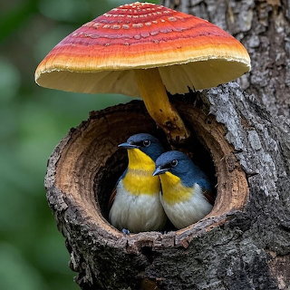 Birds Sheltering Under Mushroom