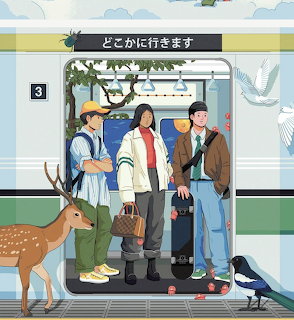 Three people and a deer waiting at a train station platform with open train doors