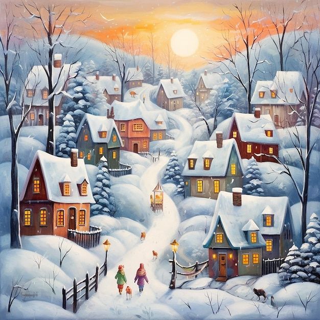 Snowy Winter Village Sunset