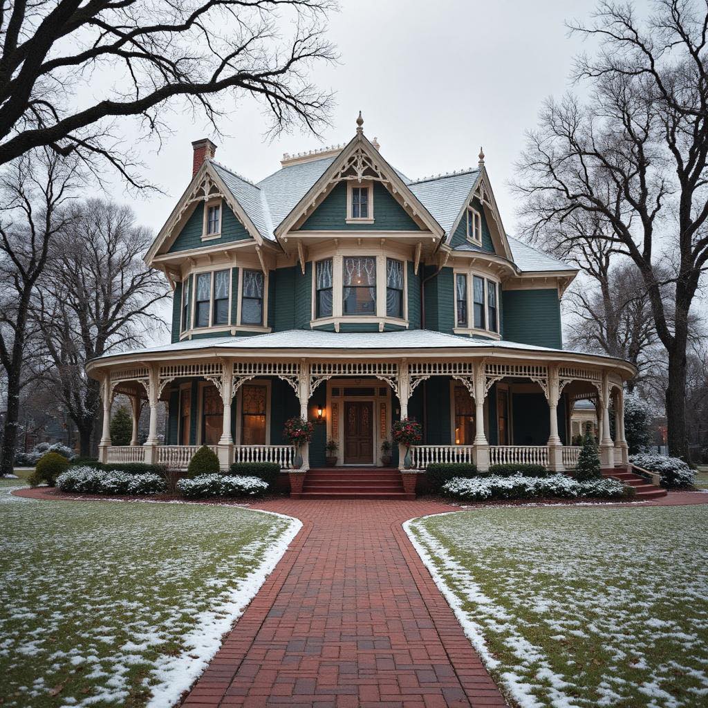Grand Victorian house with ornate trim, wraparound porch, and brick path in winter