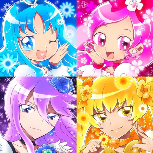 Anime collage of four HeartCatch PreCure magical girls in blue, pink, purple, and yellow panels