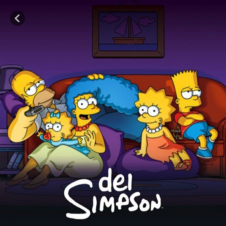 The Simpsons family seated on couch in living room with purple walls and framed sailboat picture