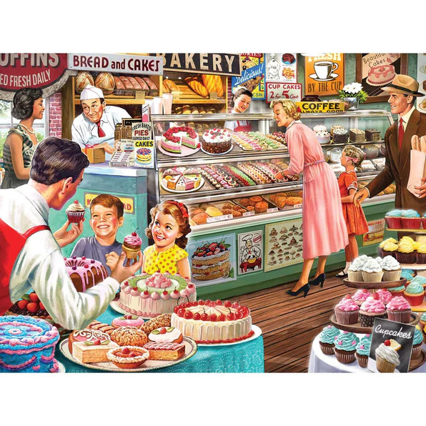 Vintage-style bakery scene with cakes, pastries, customers, and a glass display case