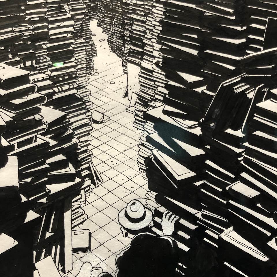 Black and white illustration of a person in a hat walking between towering stacks of books