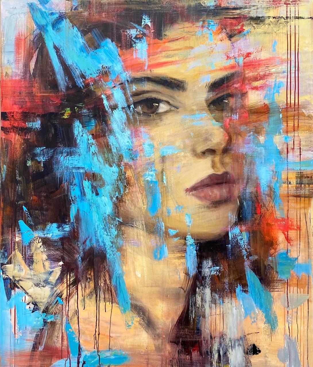 Abstract painted portrait of a woman in vivid colors
