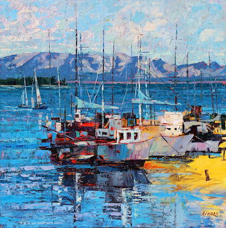 Impressionist painting of colorful boats docked in a blue harbor with distant mountains