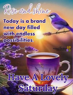 Purple bird above a coffee cup with lavender flowers, sunrise, and inspirational Saturday text