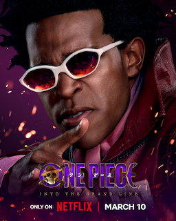 One Piece Season 2 character poster with person in white sunglasses smoking cigar against purple background