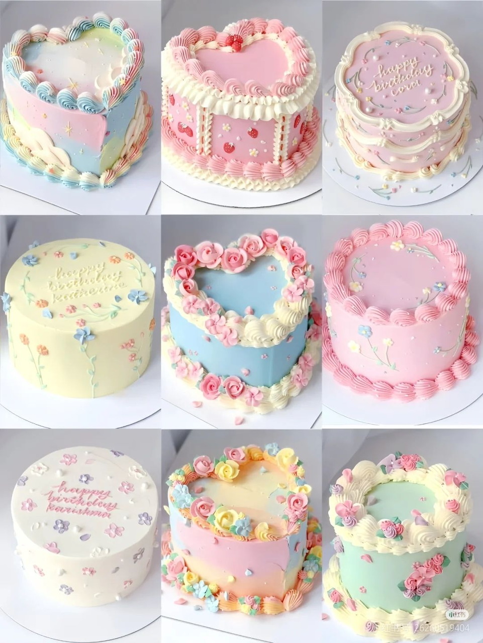 Nine pastel-colored mini cakes with floral frosting and heart decorations arranged in a 3x3 grid