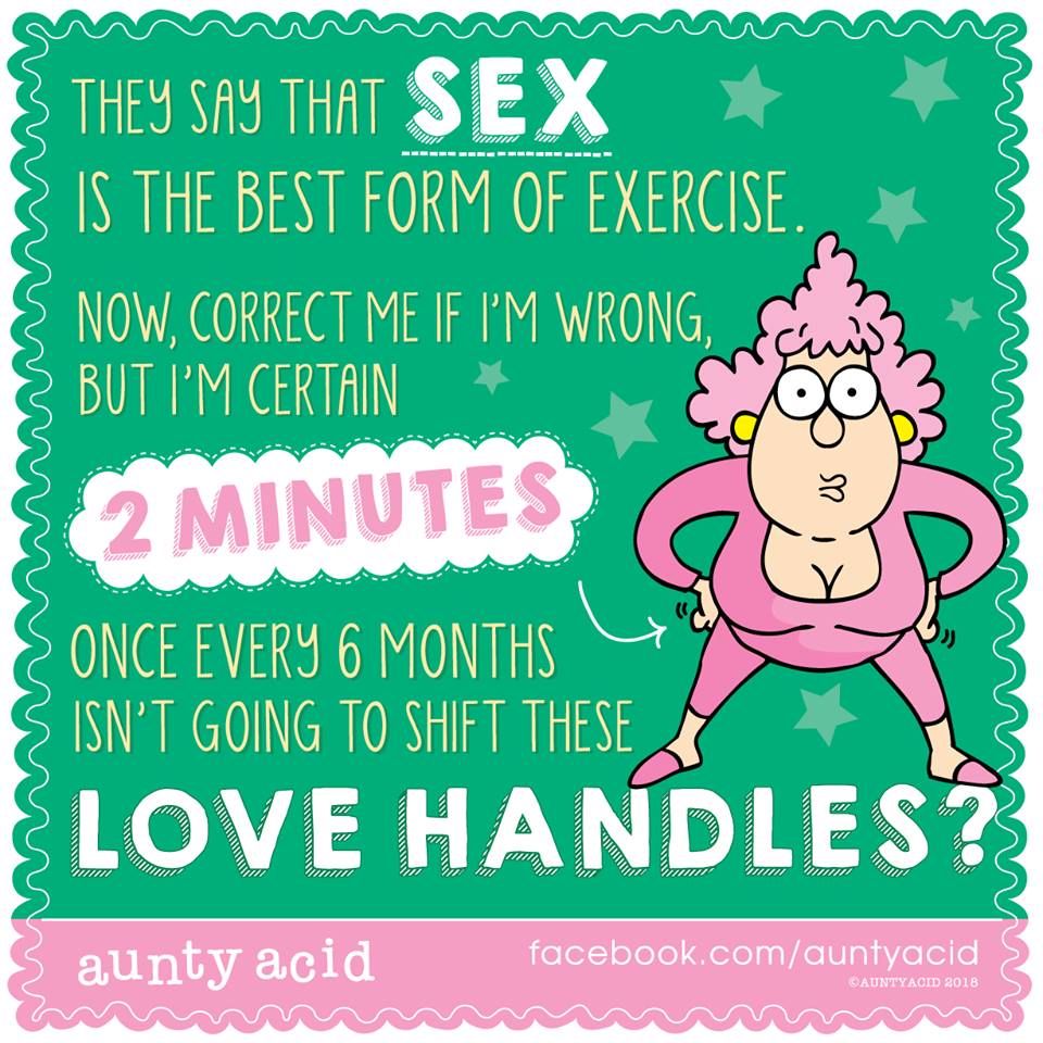 Cartoon of woman in pink workout clothes with curlers and humorous text about exercise on teal background