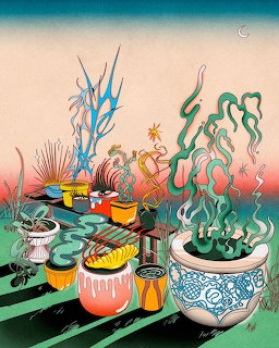 Surreal illustration of colorful potted plants with wavy and spiky leaves against a gradient sky