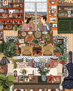 Illustration of a couple eating dinner in a colorful, cluttered living room with bookshelves and plants