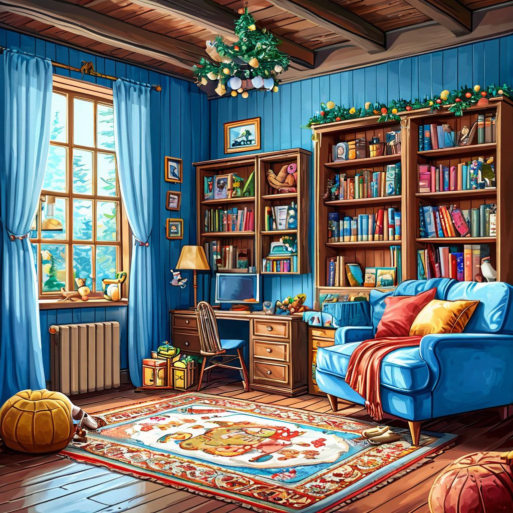 Cozy living room with blue walls, bookshelves, sofa, and colorful decor