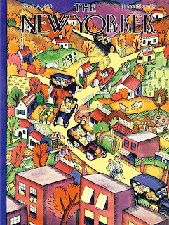 Colorful illustration of an autumn village with winding roads, houses, cars, and bright fall trees