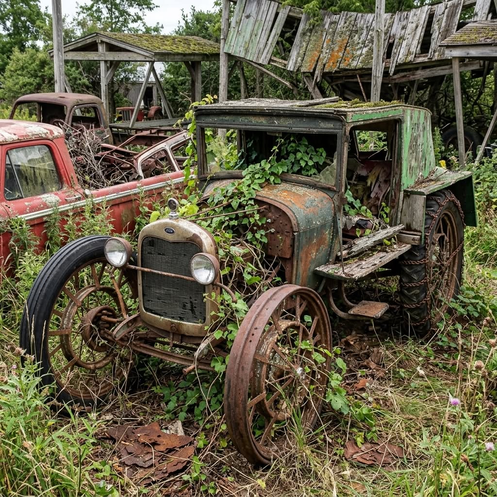 Rusting Model T truck overgrown with weeds in a rural junkyard
