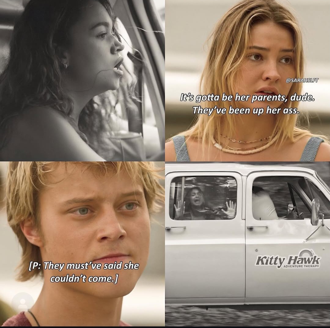 Four-panel movie scene collage showing a young woman, a young man, and a white pickup truck