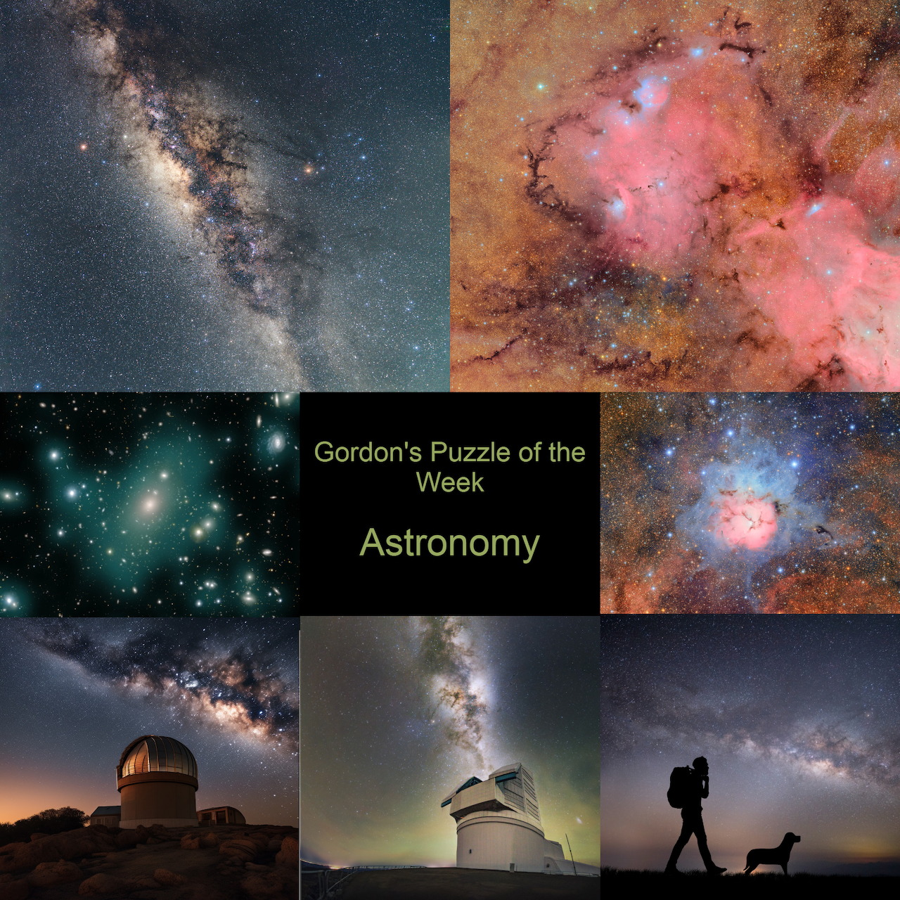 Collage of eight space and astronomy images including nebulae, galaxies, Milky Way, and observatories