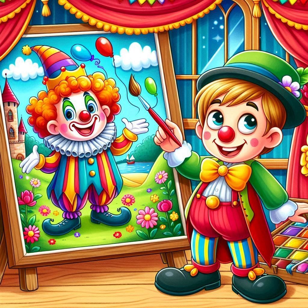 Cartoon boy in clown outfit painting a clown picture on an easel in a colorful circus room