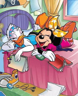 Minnie Mouse and Daisy Duck relaxing on a bed in a colorful cartoon room