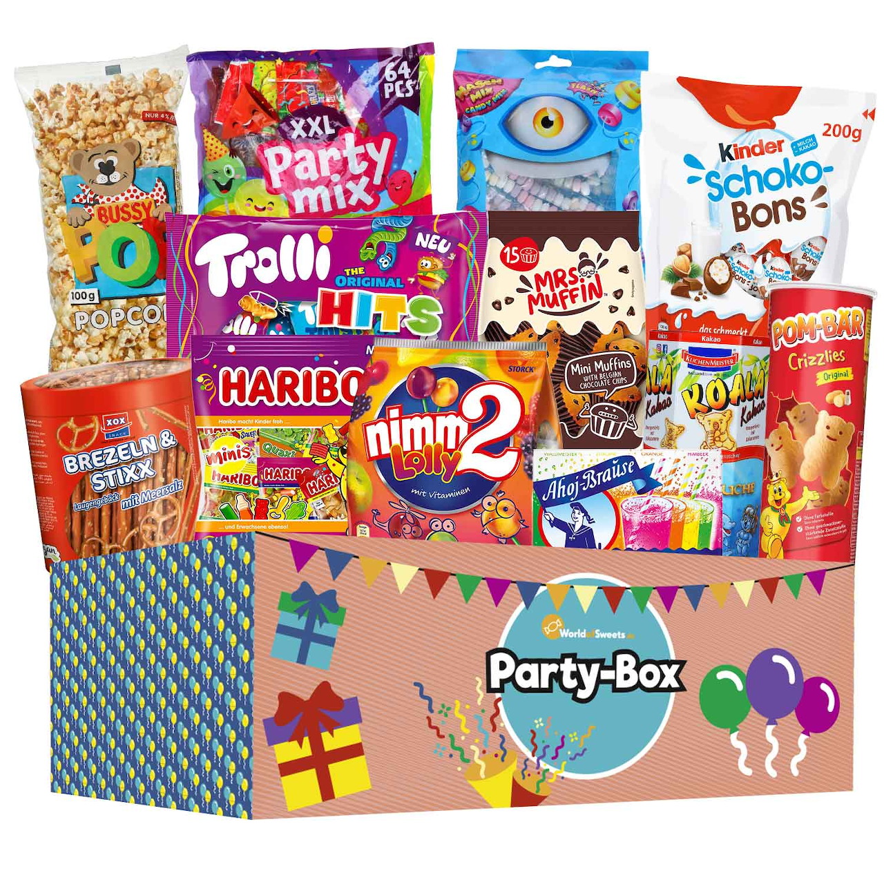 Colorful party box filled with assorted candy bags and snack packs on a white background