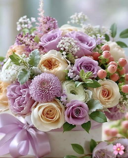 Pastel bouquet with lavender roses, cream roses, pink beries, and dahlias in a flower box