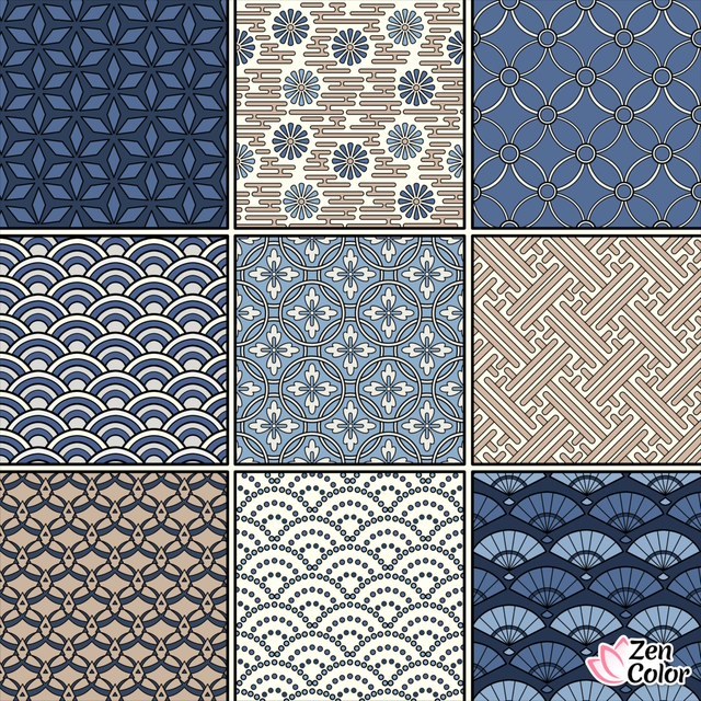 Grid of nine traditional Japanese geometric patterns in blue and neutral tones