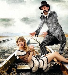 Taylor Swift tied to railroad tracks in vintage costume with villain in pinstripe suit and top hat