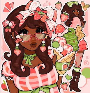 Illustrated girl with strawberry bow in hair holding decorated ice cream sundae with strawberries