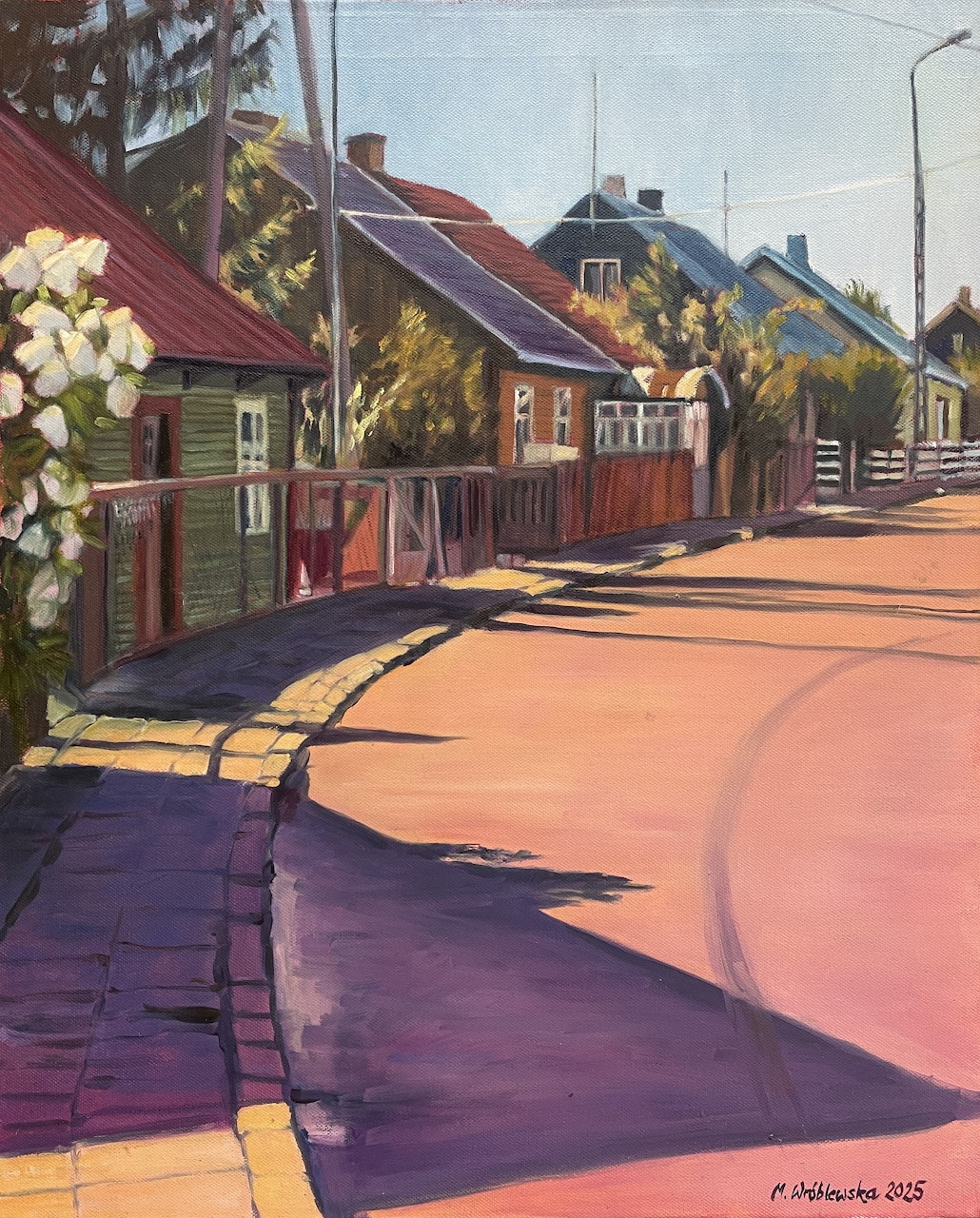 Painting of a quiet village street in Narewka with wooden houses and warm sunlight casting long shadows