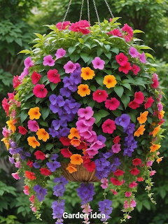 Lush hanging basket filled with multicolored petunias in pink, purple, orange, and yellow bloms