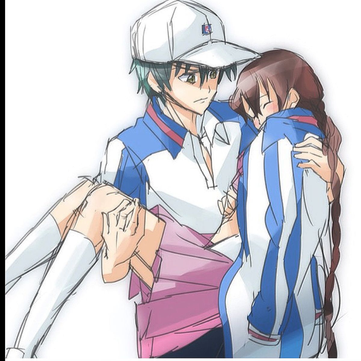Anime boy in a white cap carrying a girl in a blue tracksuit