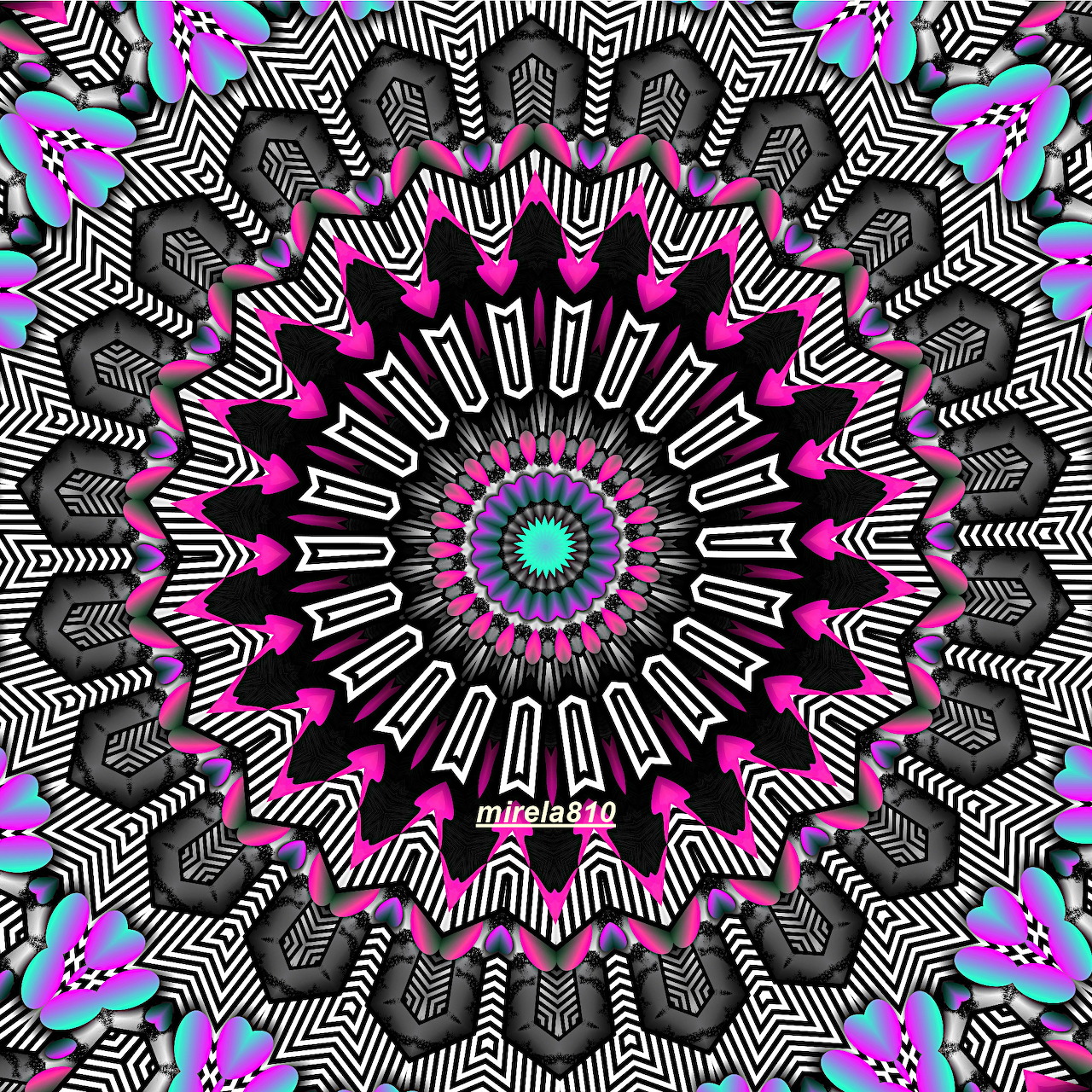 Circular mandala with radial geometric patterns in black, white, pink and turquoise
