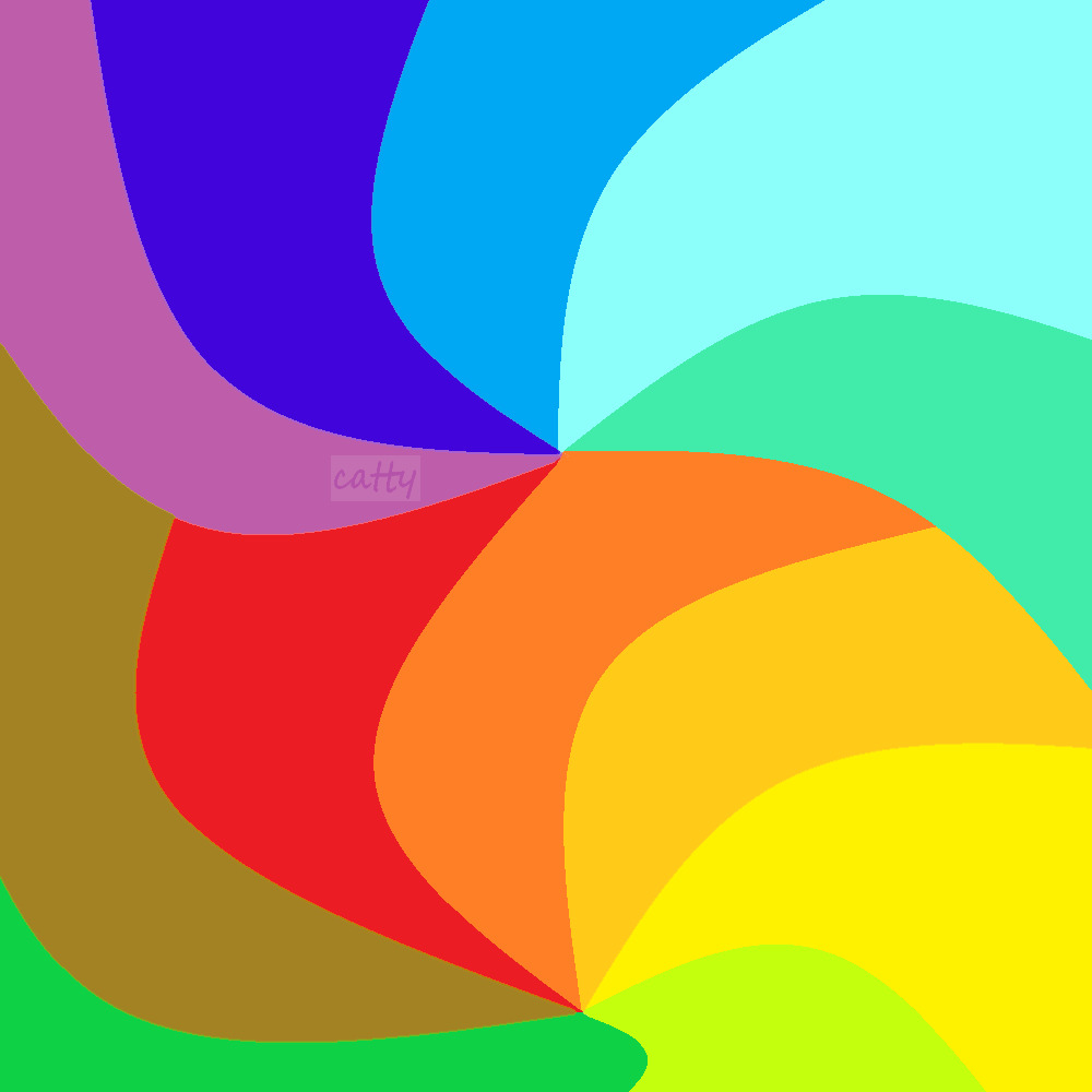 Abstract art with overlapping curved shapes in bright rainbow colors radiating from center