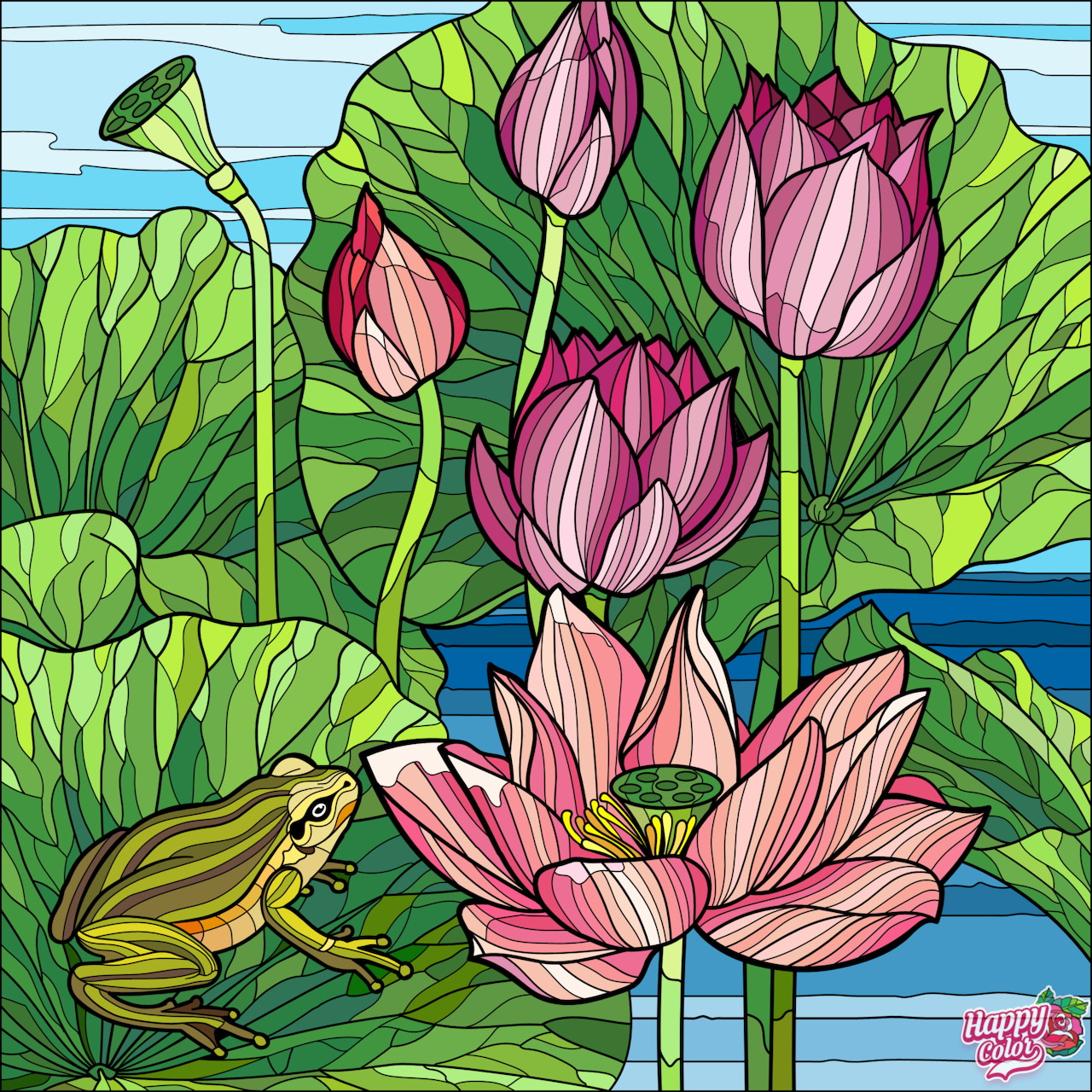 Illustration of a green frog on a lily pad beside pink lotus flowers and broad green leaves