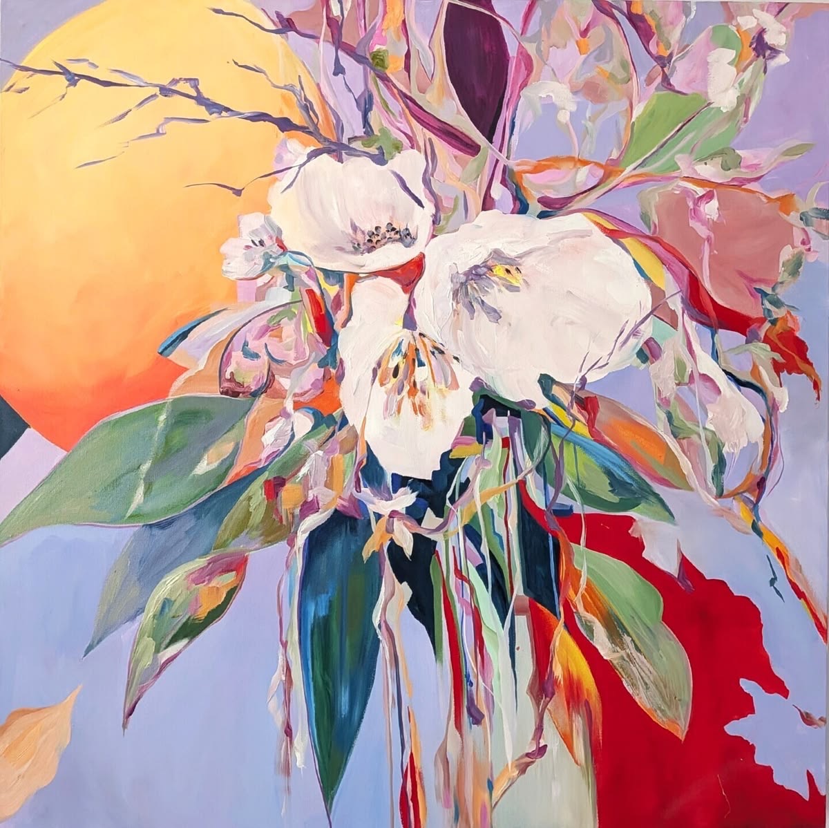 Abstract oil painting of white cherry blossoms with vibrant dripping colors and golden sunset backdrop