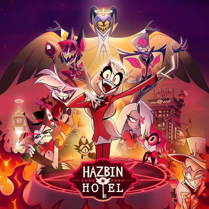 Hazbin Hotel season one cover art showing animated demon characters in purple and orange with central hotel logo