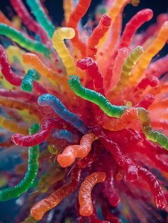 Colorful sugar-coated gummy worms exploding outward against a dark background