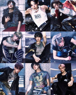 Collage of nine K-pop male artists in dark stylish outfits with dramatic poses and bokeh lighting