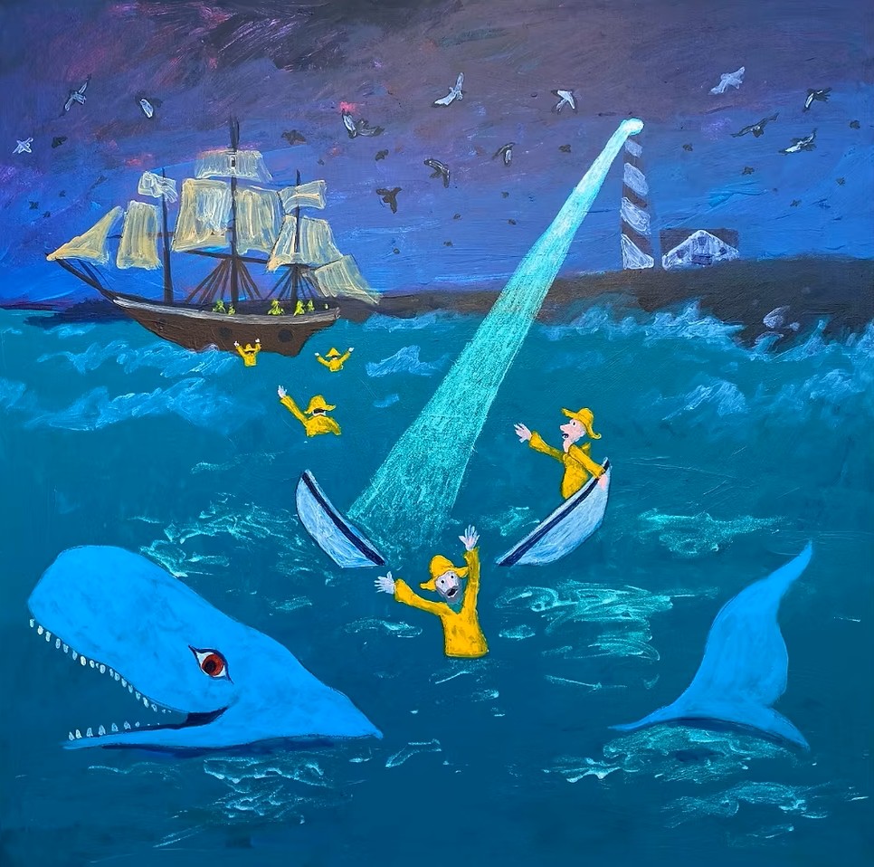 Folk art whaling scene with blue whale, boat, ship, and lighthouse at night