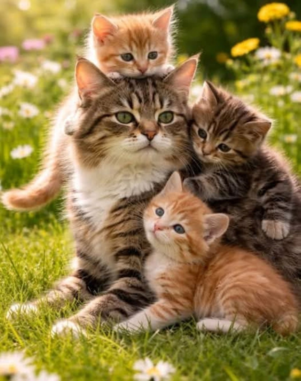 Mother cat with three kittens sitting on grass among daisies in a sunny garden