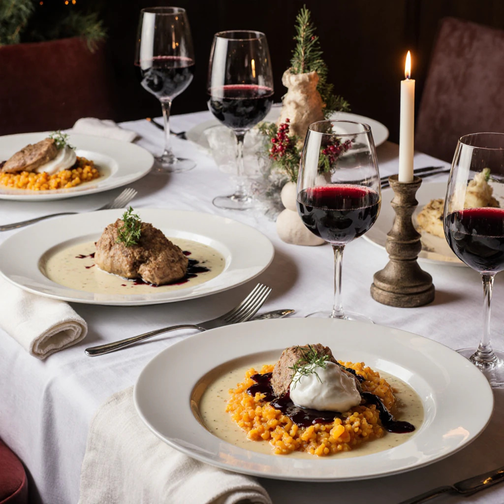 Elegant holiday dinner table with gourmet plated meals, wine glasses, candles, and Christmas decorations
