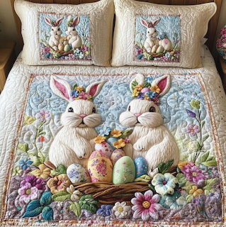Bed with Easter bunny quilt showing two white rabbits with floral crowns and pastel Easter eggs