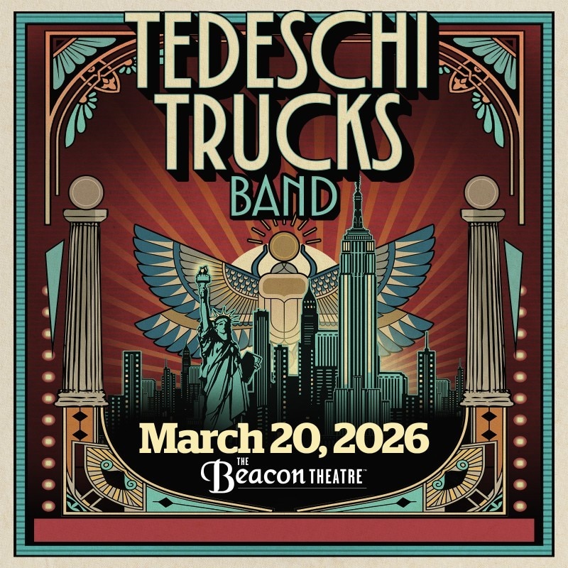 Art deco Tedeschi Trucks Band concert poster with Statue of Liberty, skyline, columns, and March 20, 2026 text